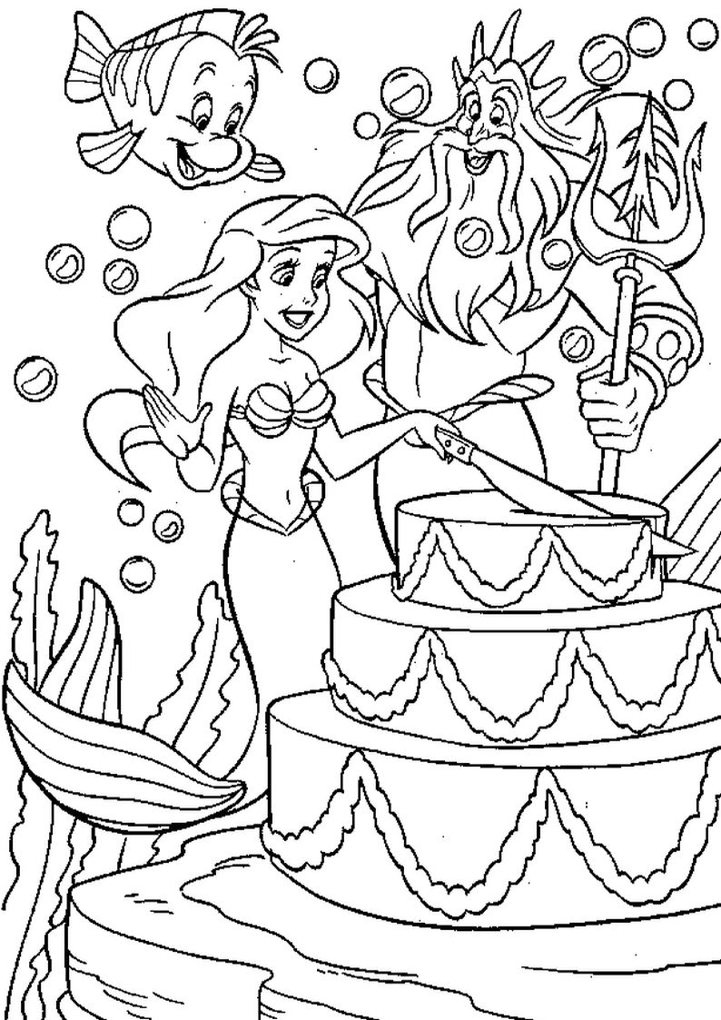 kolorowanka Ariel, Florek i król Tryton weselą się przy torcie,  bajka Disney Mała Syrenka, obrazek do wydruku i pokolorowania kredkami numer 33